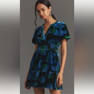 NWT Anthropologie Maeve Somerset velvet Blue and Green mini Dress